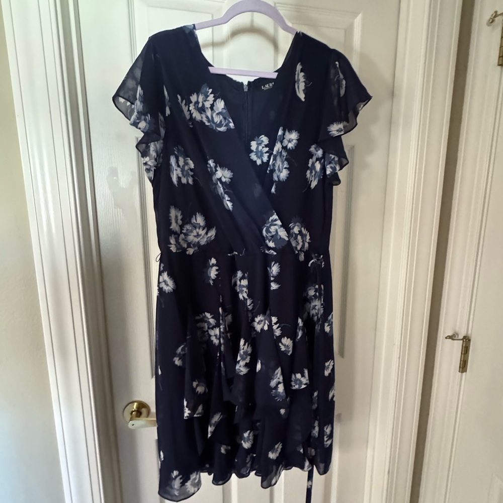 NWT Ralph Lauren Navy Dress with White Floral Motif with Matching Belt